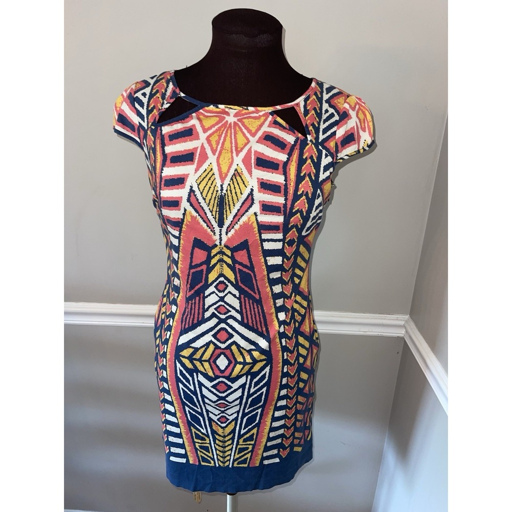 Adrianna Papell Dress Sz 4 Navy Blue Coral Sheath Dress Geometric